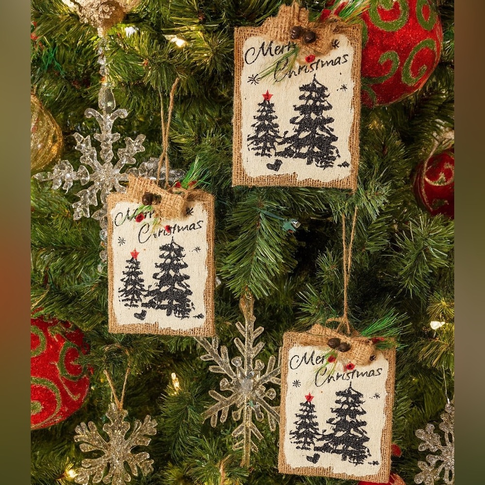 Christmas Ornaments Rustic Evergreen Tree on Burlap Holiday Wall Window Hangings